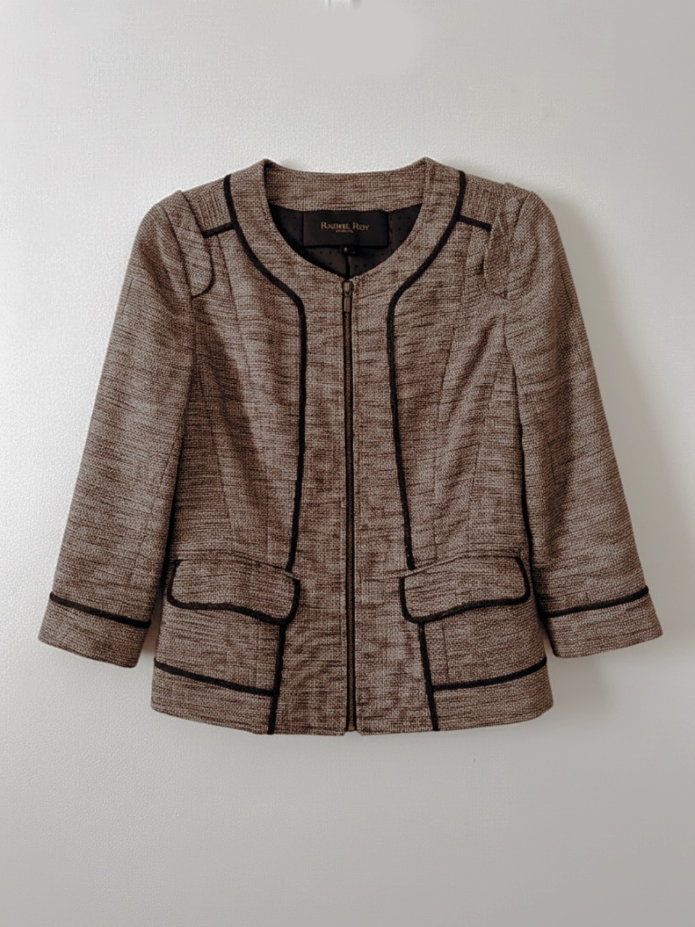 RACHEL ROY SIGNATURE Women's Black Brown Tweed Zip Front Cotton Linen Blazer Sz8